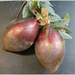 Pair Of Frontgate Embellished Glass Ornaments Glitter Maroon & Gold Christmas